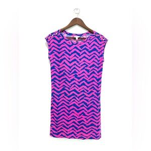 Lilly Pulitzer Robyn Get Lucky Pop Pink Blue Cotton Gold Accent T-Shirt Dress XS